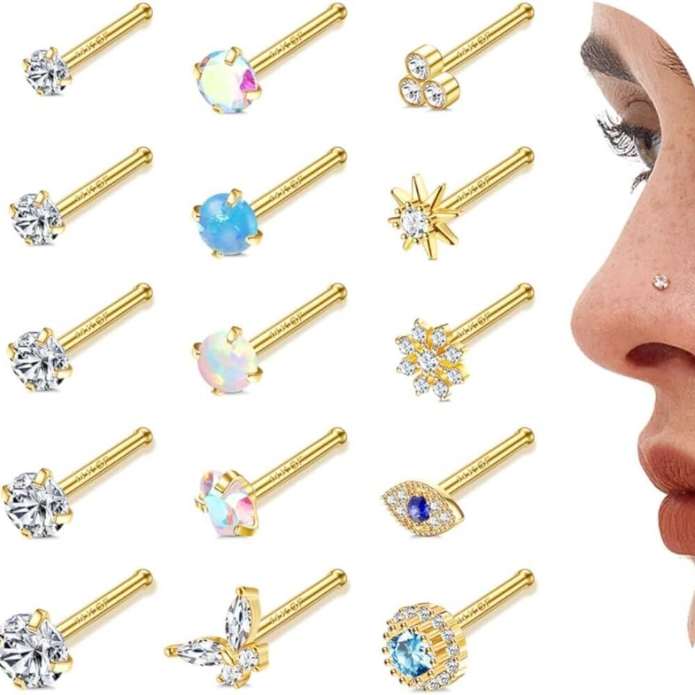 14k Gold Plated Nose Rings Studs 15 Pcs Stainless Steel Cz Opal Jewelry